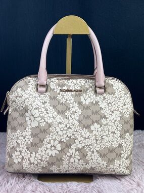 Michael Kors Cindy Medium Dome Satchel Floral MK Logo Print Pink